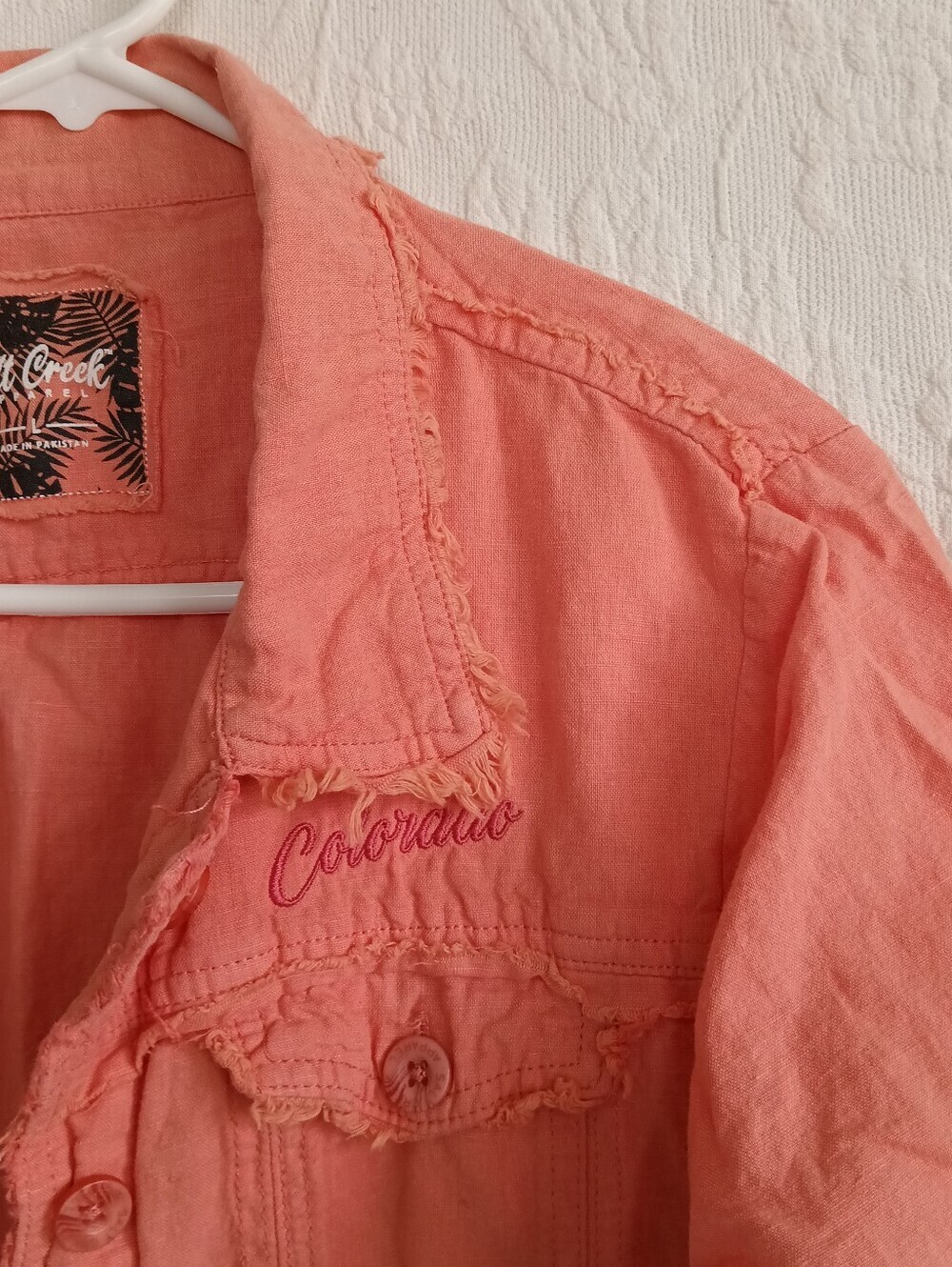 Colorado Logo Denim Jacket Coral Pink Frayed Edges Lightweight - Picture 3 of 13
